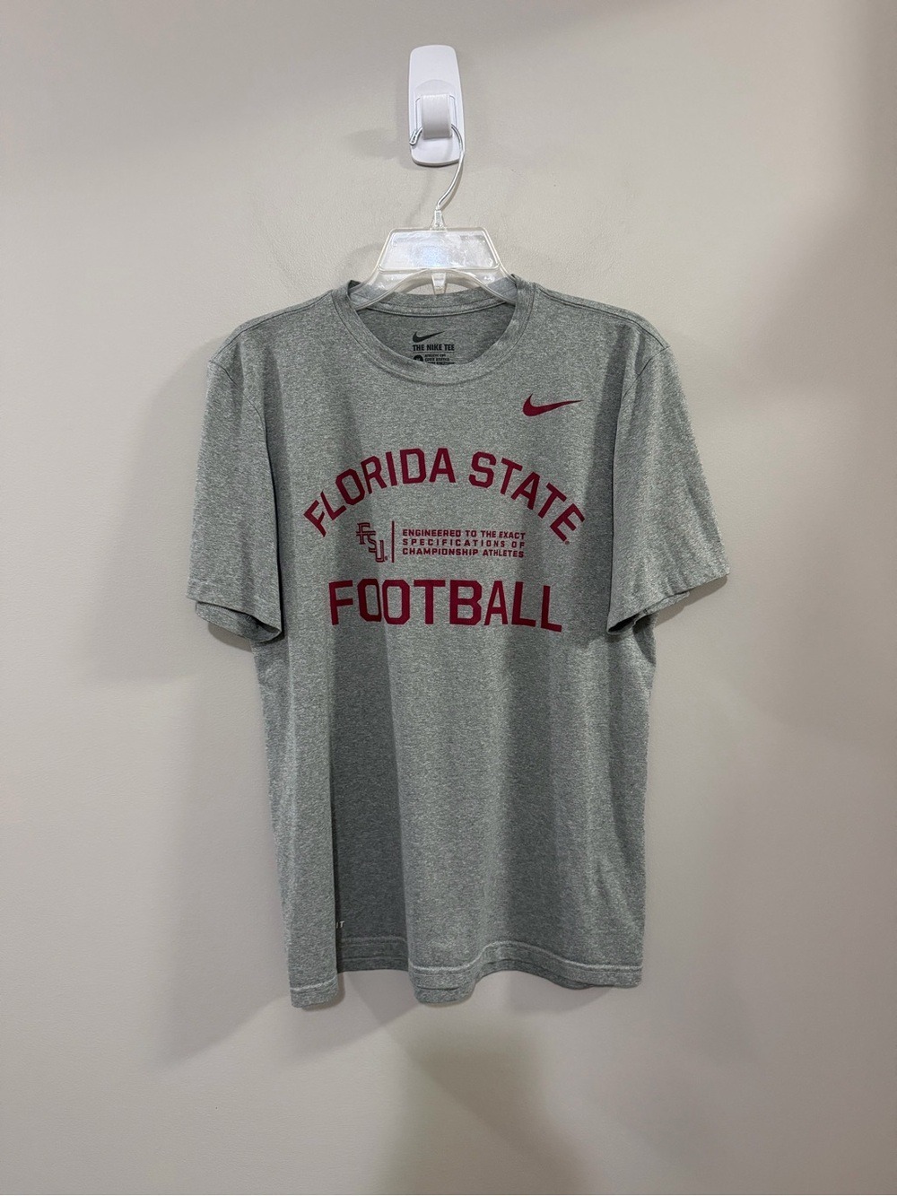 Nike Gray Florida State Football  FSU Short Sleeve Dri Fit Tee.  Size M